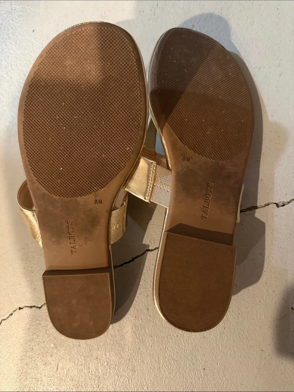 Talbots Metallic Gold Leather Thong Sandals with Horsebit Accent